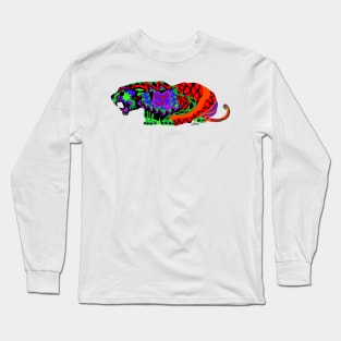 wild mexican king tiger in ecopop with totonac magical patterns in floral folk art Long Sleeve T-Shirt